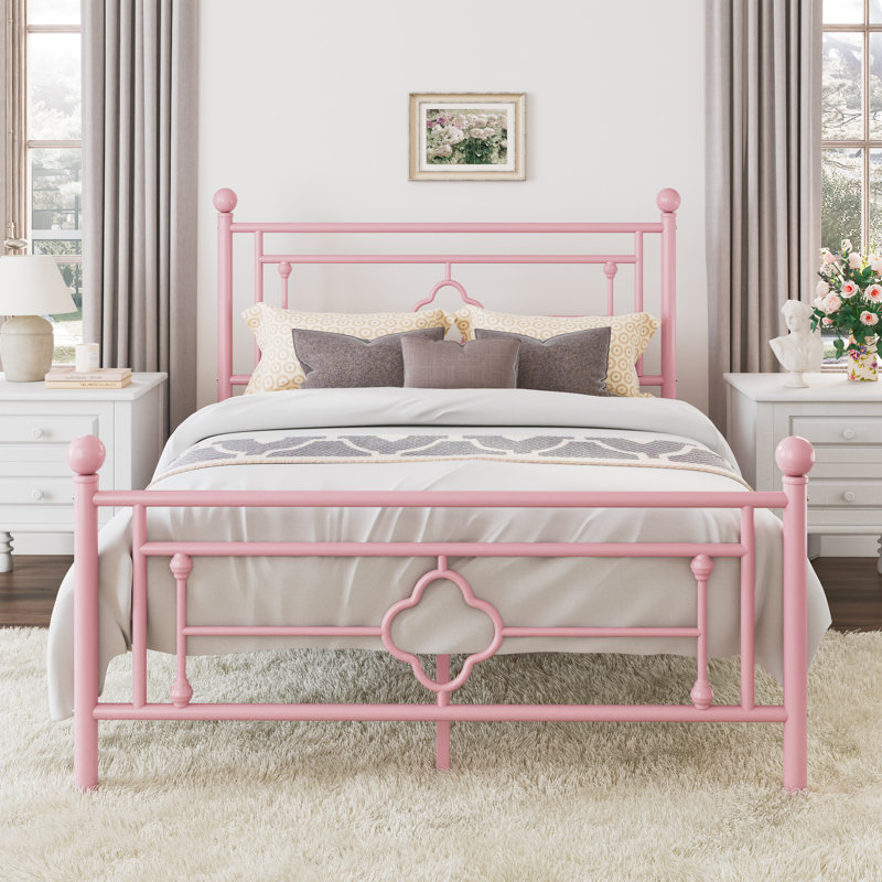 Base de lit plateforme en métal Ajayceon avec tête et pied de lit de style rétro, Grand, Rose