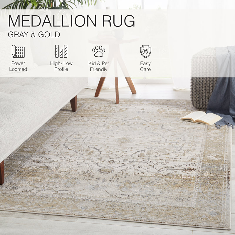 Large Gray and Beige Oriental Viscose Area Rug