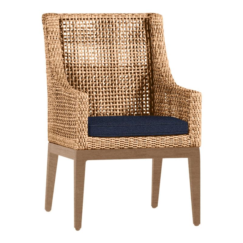 Chaise avec accoudoirs d'extérieur en résine et osier Pen-pena N-Dura, Welt, Indigo Intermix, Raphia / bois de santal