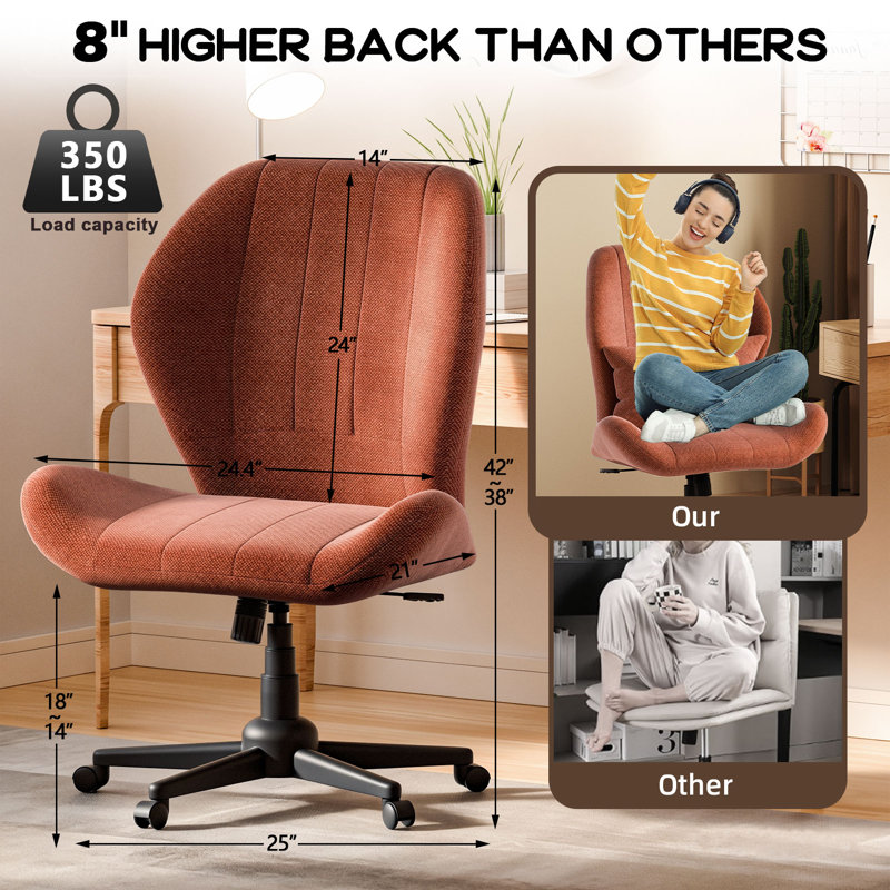 Cross Legged Office Chair With Wheels, Armless Desk Chair With Wide Seat And Tall Back, Ergonomic Curved Seat For Bedroom, Office & Home