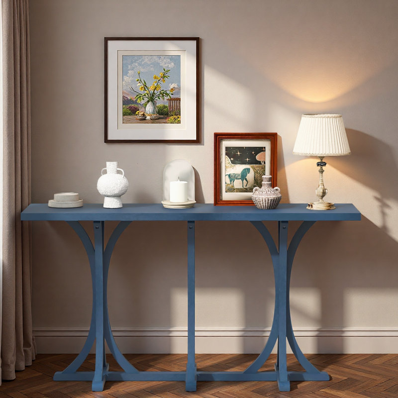 Console en bois avec plateau en placage de chêne et pieds courbés, Marine