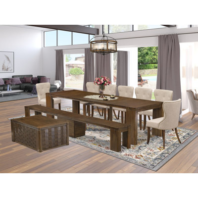 10 Pieces Modern Dining Table Set contains an Extendable Rectangle Kitchen Table, 1 Coffee Table, 7 Dining Chairs and 1 Modern Bench, Antique Walnut