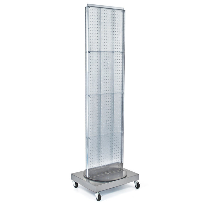 Présentoir de plancher perforé à deux côtés sur base pivotante à roulettes. Support à roulettes. Taille du panneau: l 16 po x H 60 po