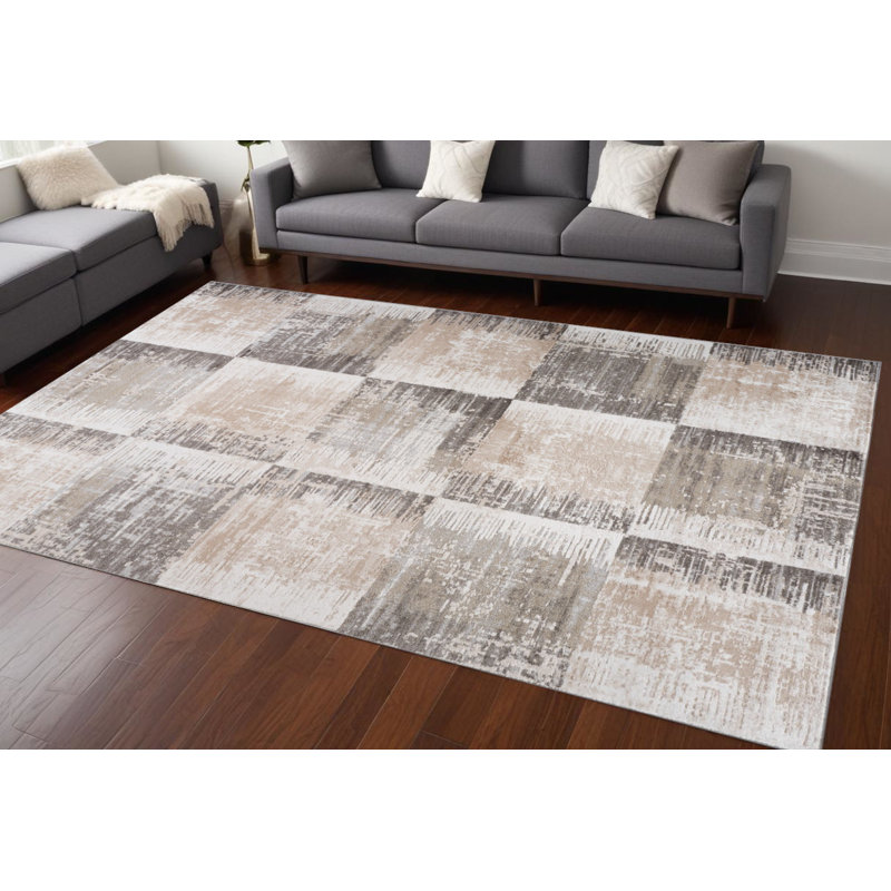 7' X 10' Beige and Brown Abstract Distressed Area Rug