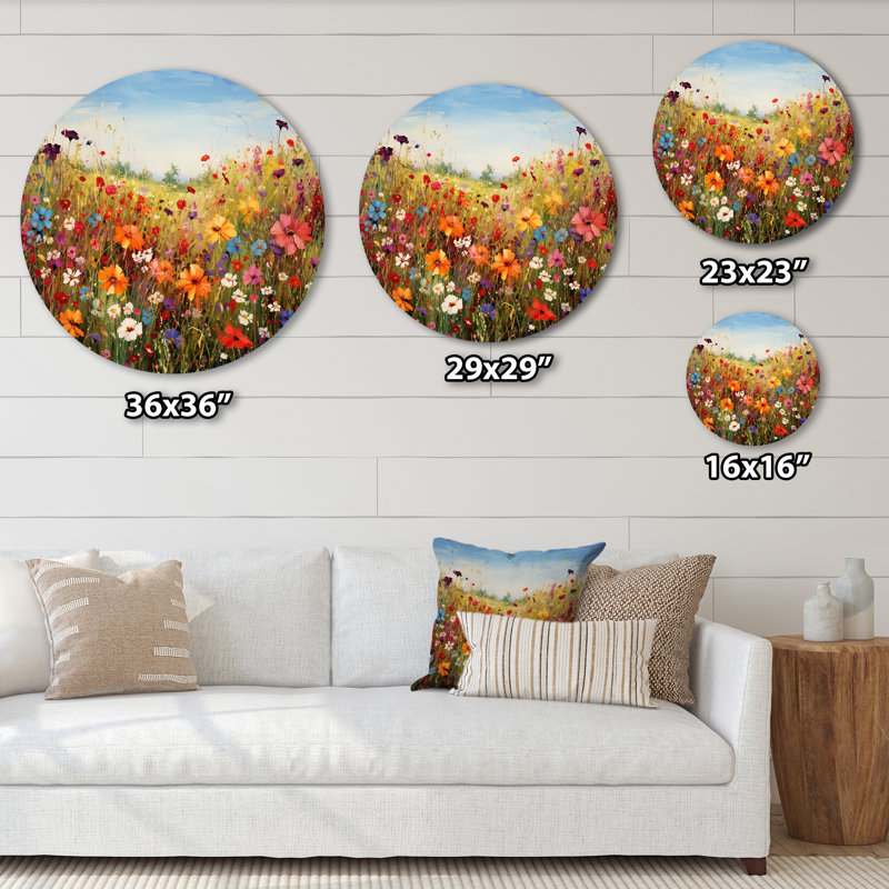 Fleurs colorées de prairies fleuries I - Art floral rond en métal, H 23 po x l 23 po