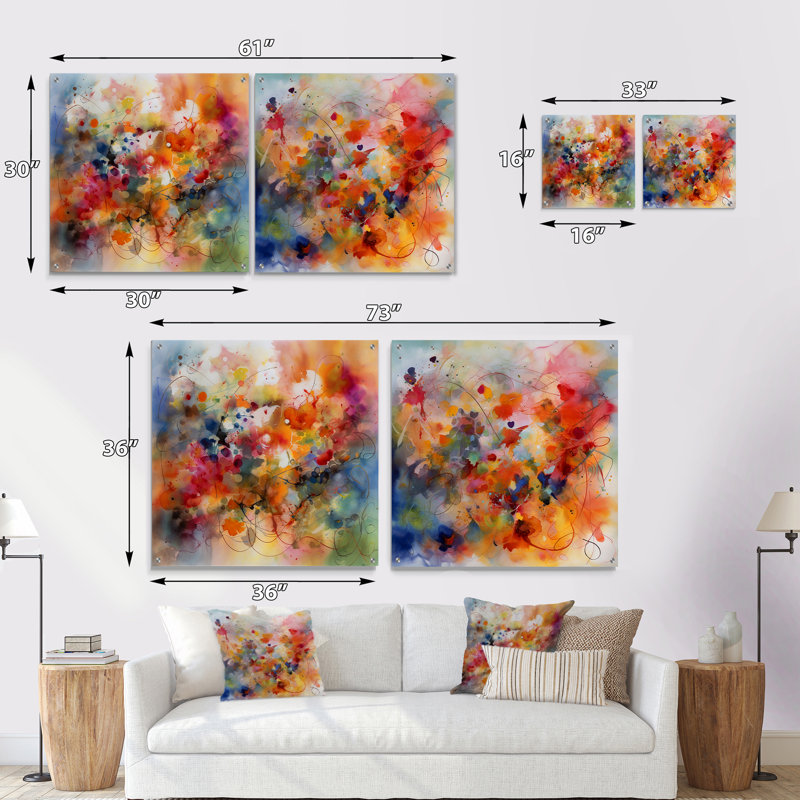 «Colorful Transformations Of Flow I» - Ensemble de 2 art mural en acrylique à encre liquide abstraite, H 36 po x l 73 po