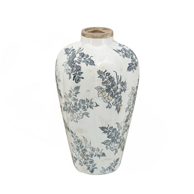 White Ceramic Accent Vase With Gray Floral Design