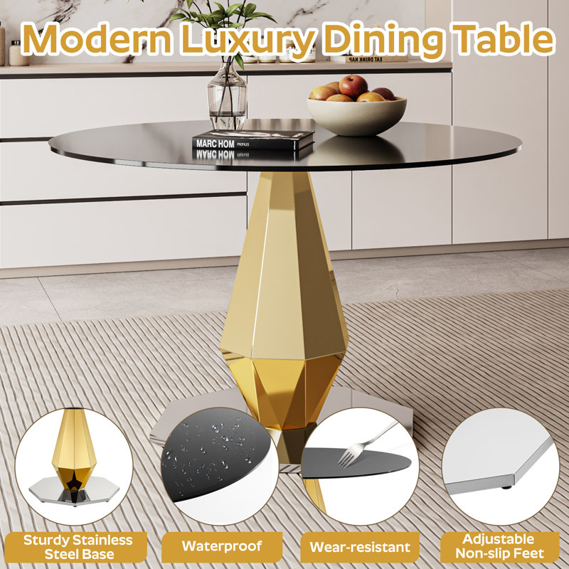 Round Pedestal Tempered Glass Dining Table, 29.50"H x 39"L x 39"W, Gold