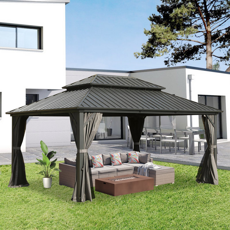 Galvanized Steel Patio Gazebo with Overhang Slope-design Double Roof, 10 ft x 14 ft, Gray