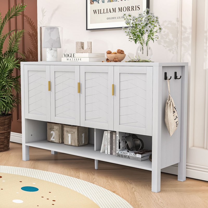 Buffet élégant à quatre portes avec tablettes réglables, portes géométriques et rangement ouvert, Blanc