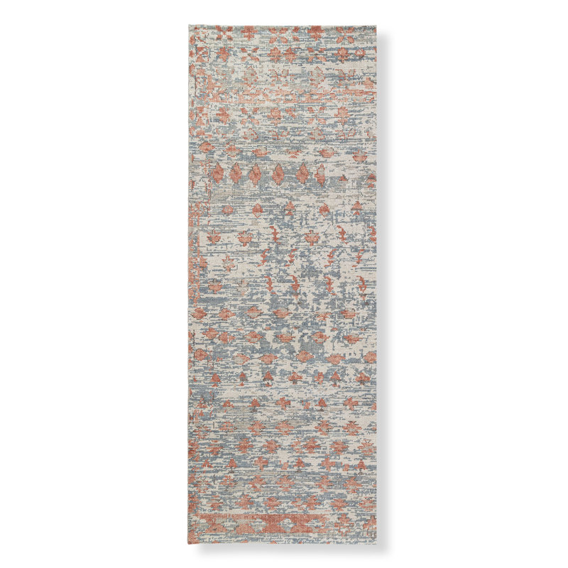 Tapis en laine noué à la main Ortiz en terre cuite / bleu cendré, Tapis de couloir 2 pi 6 po x 12 pi