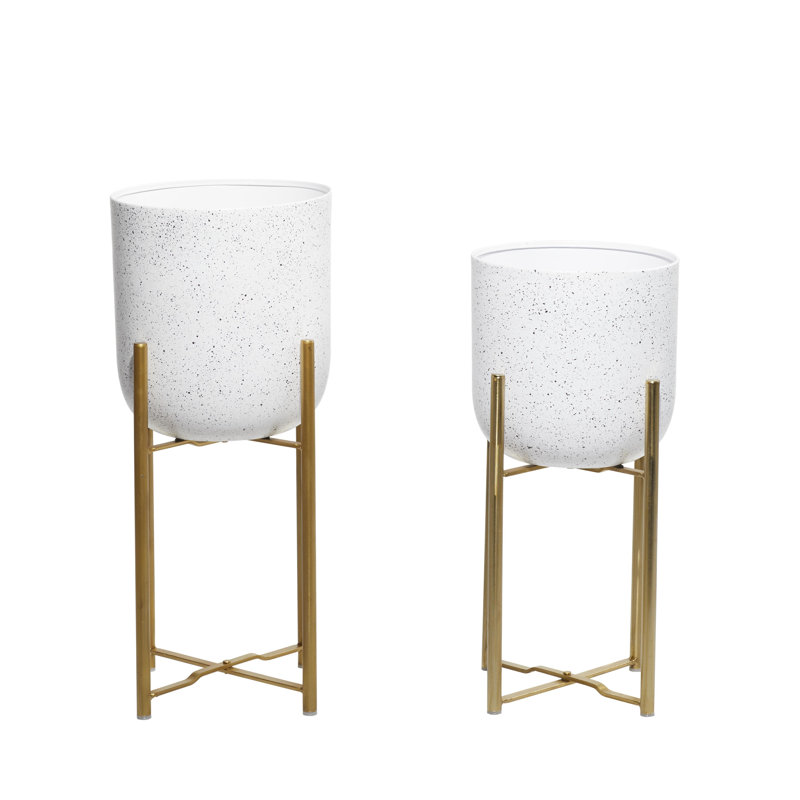 Cole And Grey 2 Piece Metal Deep Dome Speckled Indoor Outdoor Planter With Gold Stands Set