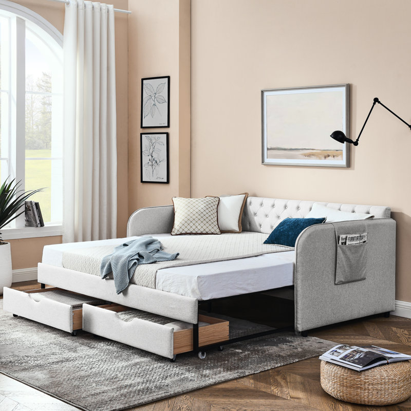 Lit de jour avec lit gigogne et tiroirs de rangement, élégant pour le salon, couleur lin beige, fonctionnel, chambre d'amis.