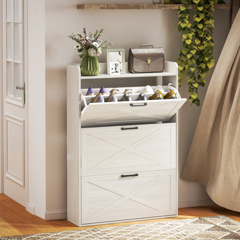 Armoire à chaussures étroite Grain de bois, Blanc