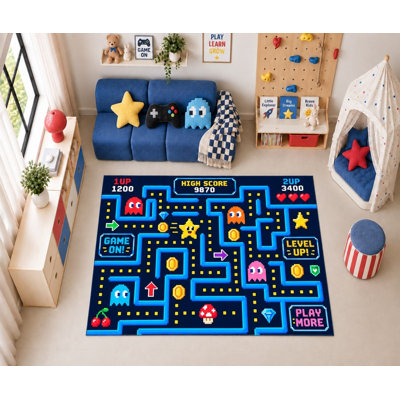 Tapis d'intérieur ultramince 152 x 213 cm (5' x 7') à motif labyrinthe de jeux d'arcade rétro, idéal pour chambre d'enfant, crèche, chambre et salle de jeux. Doux et à poils courts, avec revêtement antidérapant en silicone.