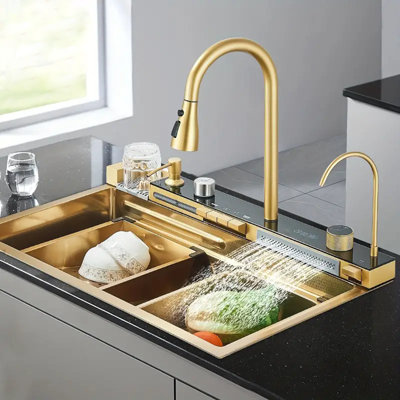 Black Gray 31.5inch Flying Rain Stainless Steel Waterfall Kitchen Sink Single Bowl w/Faucet