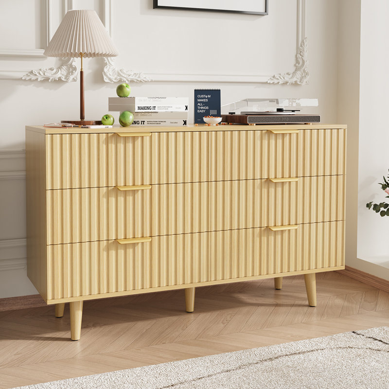 Commode cannelée moderne à 6 tiroirs avec pieds en bois massif et poignées dorées, commode de rangement pour chambre à coucher, salon, entrée, noir / naturel