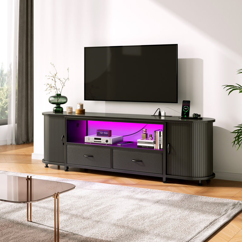 TV Stand with RGB LED Lights and Charging Station, Sliding Door TV Console with Large Storage, Black, 63"