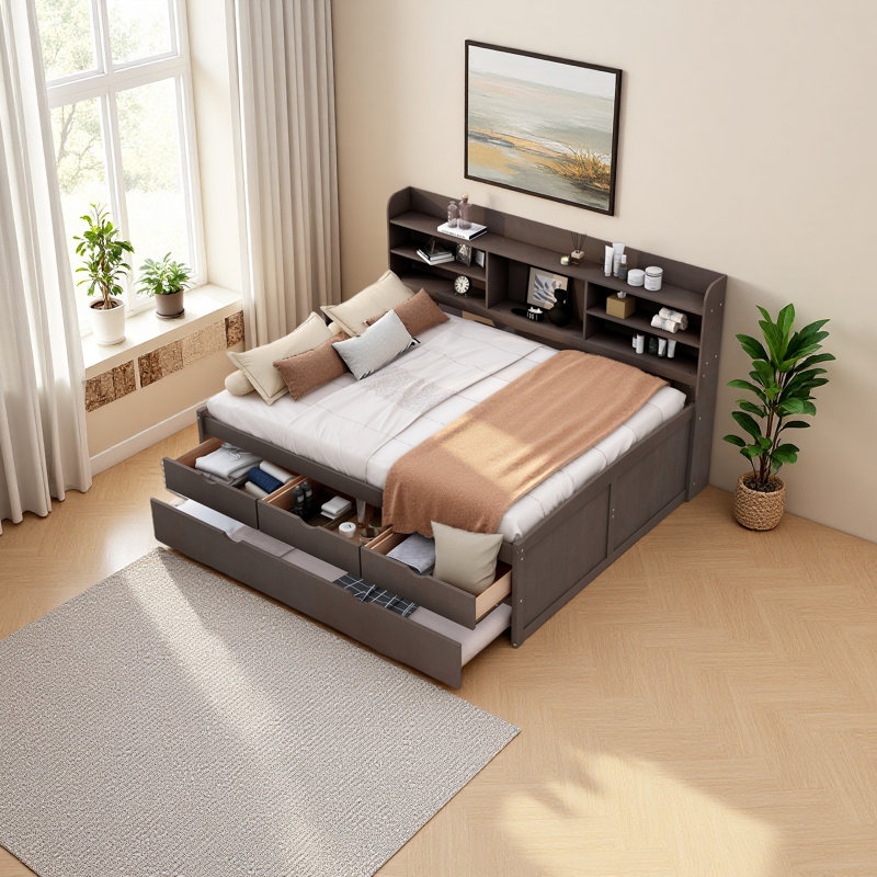 Wooden Captain Bed With Built-In Bookshelves,Three Storage Drawers And Trundle, Antique Gray