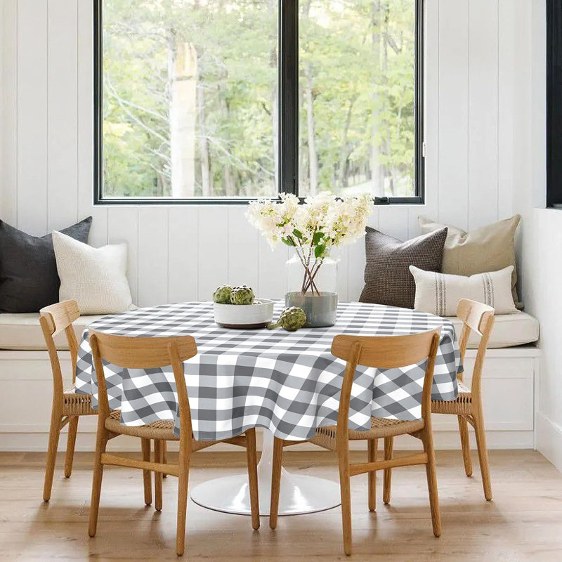Nappe ronde imperméable à carreaux (1 pièce), 70" L, Gris et blanc
