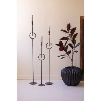  Set of Three Metal Taper Candle Holders Tall Design with Circular Detail Decorative Tabletop Decor Accent Brown Distressed Finish