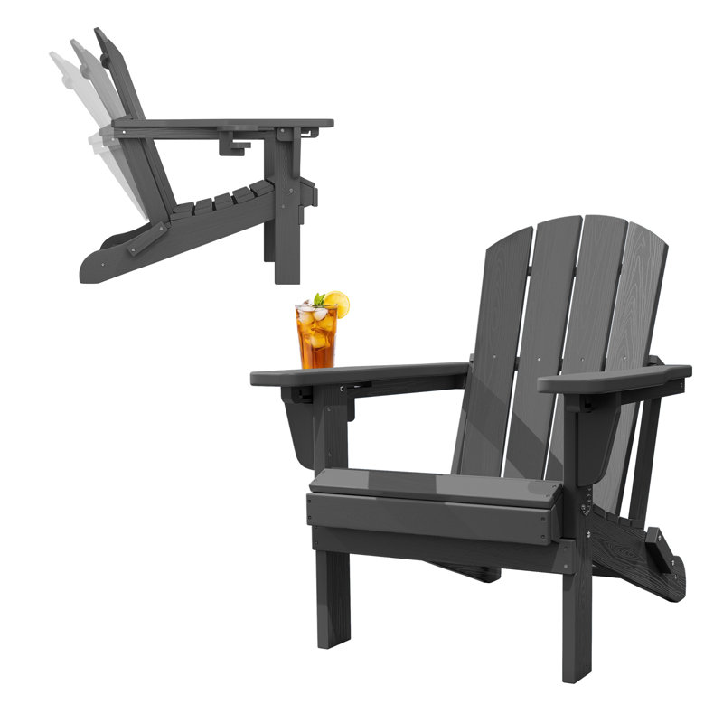 HDPE Outdoor 3-Position Adjustable Backrest Adirondack Chair with Cup Holder and Foldable Design, Gray