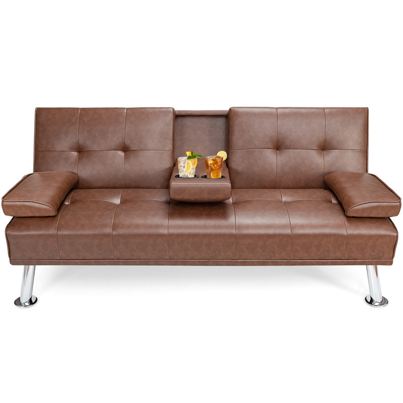 Maggie Twin 66'' Faux Leather Convertible Sofa, Brown Faux Leather