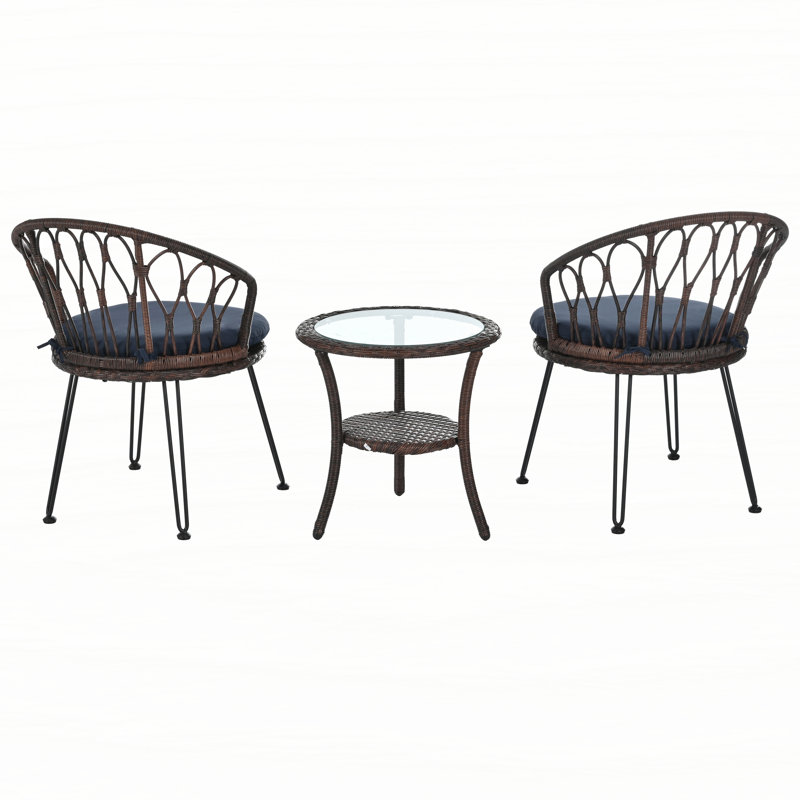 Outdoor Leisure Set, 2 Rattan Single Chairs with A Glass Round Table, Perfectly Suited for Patios, Balconies, and Courtyards