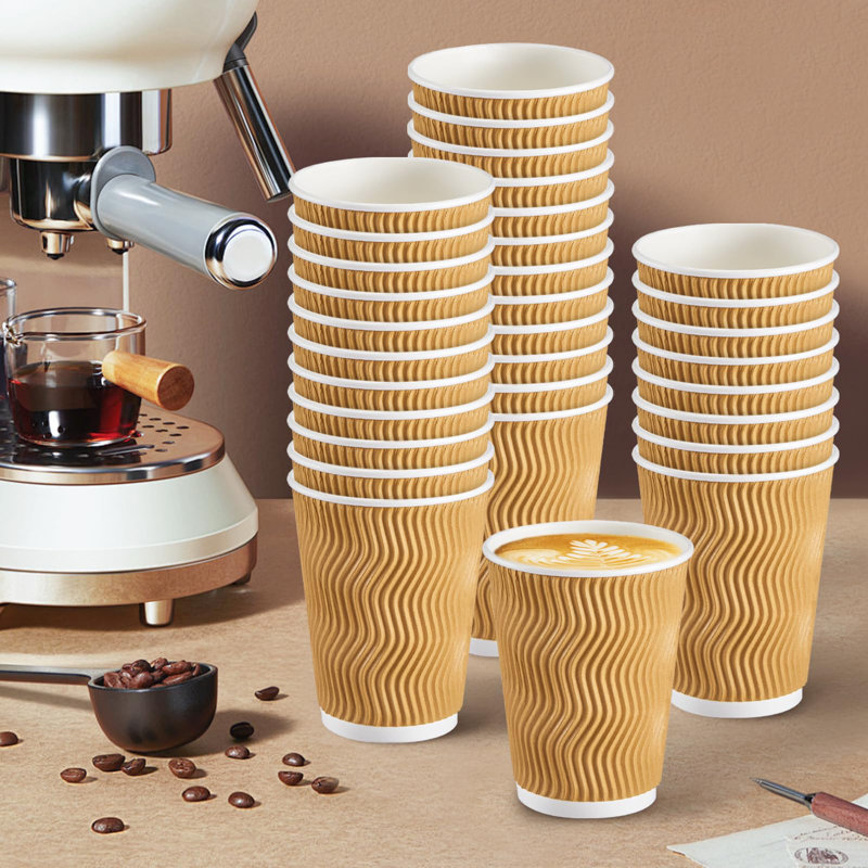Coffee Cups 12 Oz 150 Pack, Insulated Ripple Wall Paper Coffee Cups 12 Oz, Disposable Coffee Cups, Hot Beverage/Cold Drinking Cups For Office,Home,Party,Cafe,Picnic,Travel (Champagne)