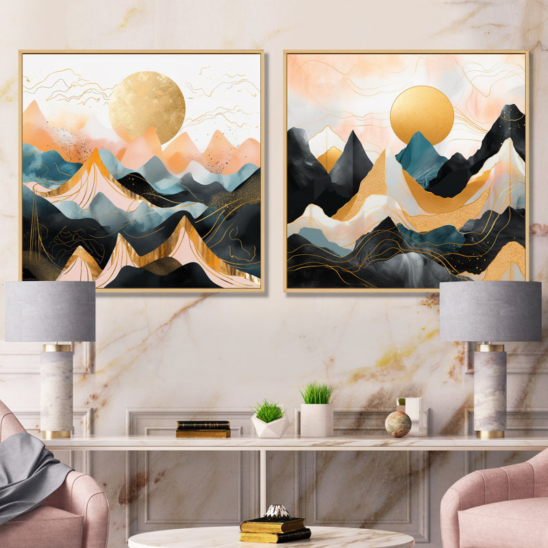 Ensemble de 2 décorations murales roses et dorées «Bold Landscape I - Mountains», Cadre flottant brun