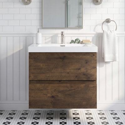 Meuble-lavabo suspendu flottant en mélamine de 24 po avec lavabo intégré en résine, armoire de salle de bain en bois naturel avec tiroirs à fermeture douce et poignées supprimées