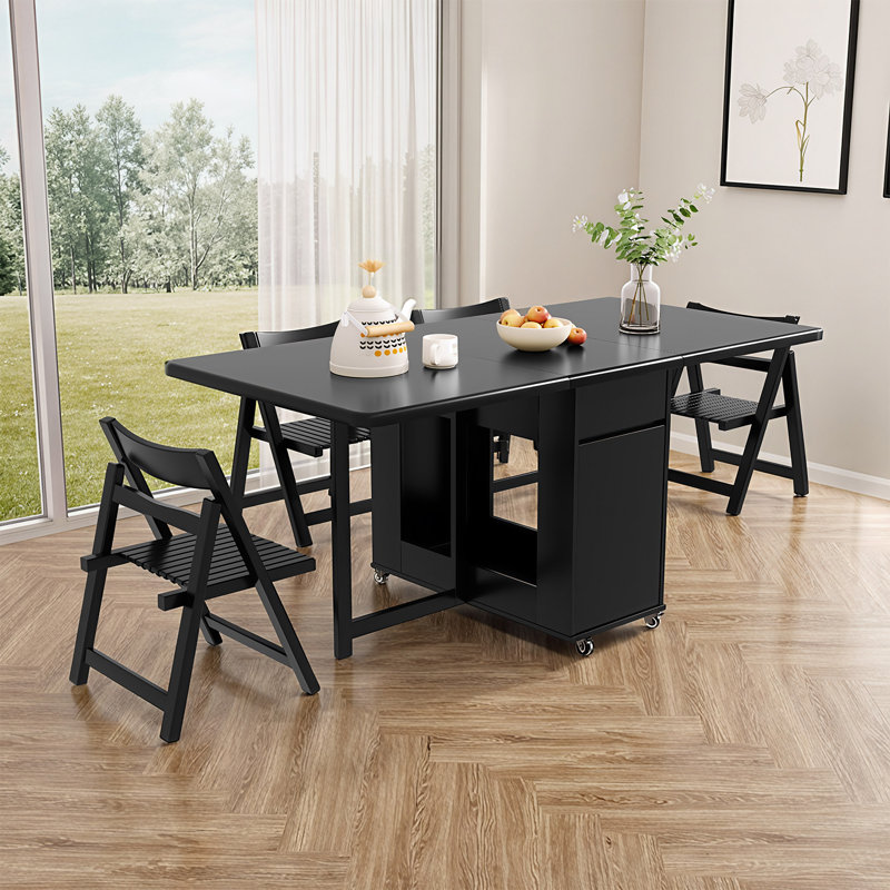 Black Solid Wood Folding Dining Set with 4 Chairs, Table with Casters and 2 Drawers, Space-Saving Design Fast Dispatch From UK Warehouse – Dispatched Within 2 Days
