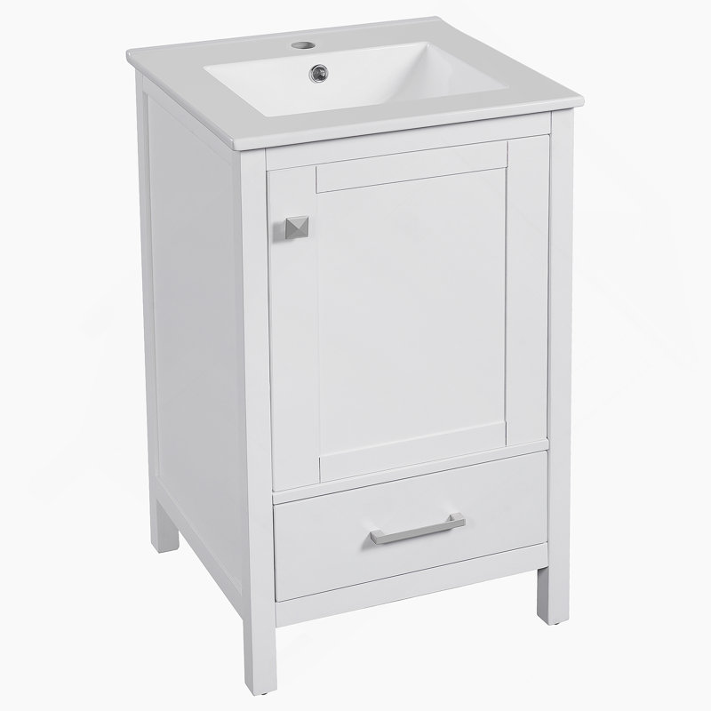 Meuble-lavabo moderne de 20 pouces avec lavabo en céramique, tiroir et porte à fermeture en douceur, organisateur de porte double couche, tiroir de séparation, patins réglables - conception de rangement peu encombrante