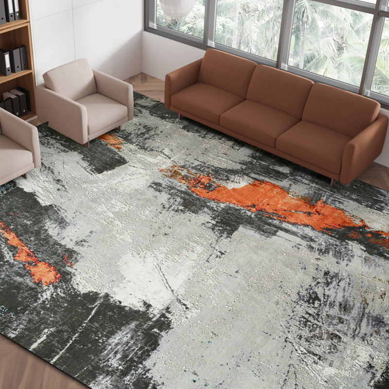 Handmade Silk and Wool Abstract Area Rug, Rectangle 8' x 10'