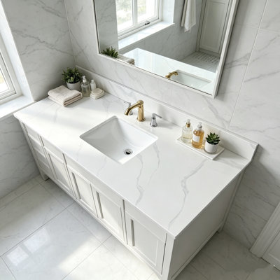 61 Inch Quartz Bathroom Vanity Top 3/4 Inch Thick Undermount Single Bowl Middle Sink 4 Inch Backsplash 3 Pre Drilled Faucet Holes Stain Heat Resistant Carrara White with Veins