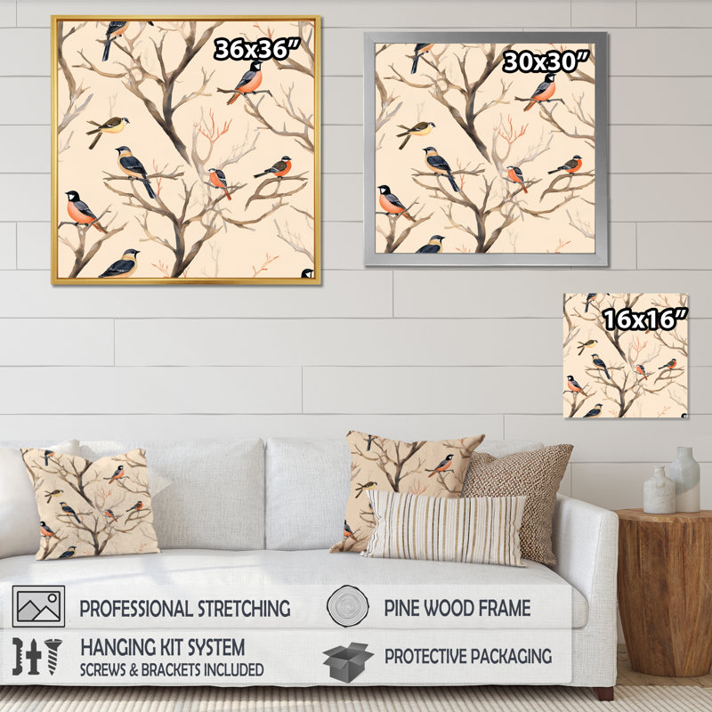 «Little Birds On The Tree Branches», reproduction d'art sur toile, Cadre doré à une seule photo, H 16 po x l 16 po x P 1 po