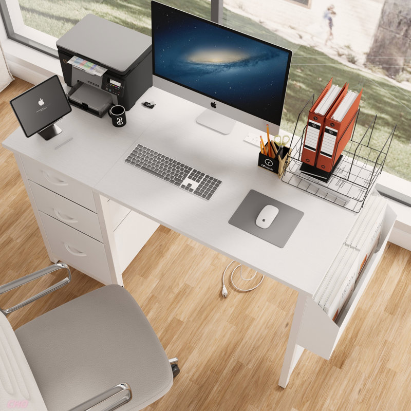 Bureau de 47,3 po avec prise de courant, 3 tiroirs, poche latérale, bureau d'étude facile à assembler, cadre stable et réversible pour bureau à domicile, bureau d'ordinateur de société, table de jeu, coiffeuse