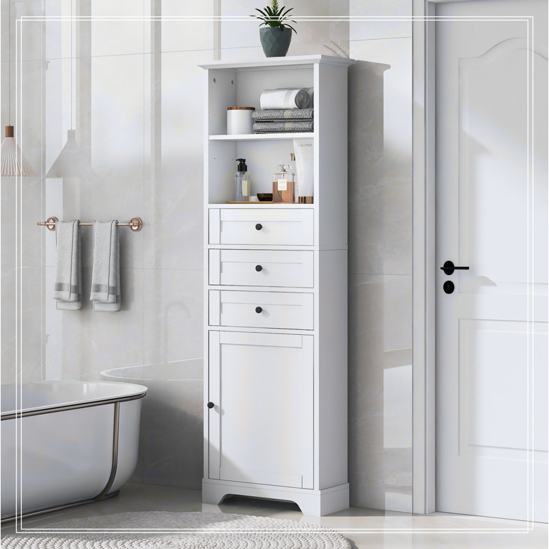 White Tall Bathroom Storage Cabinet with Adjustable Shelves and Drawers