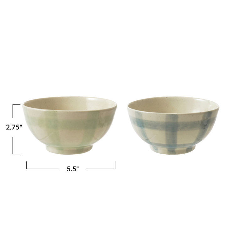 Ensemble de 2 bols en grès peints à la main avec motif quadrillé en glacis réactif