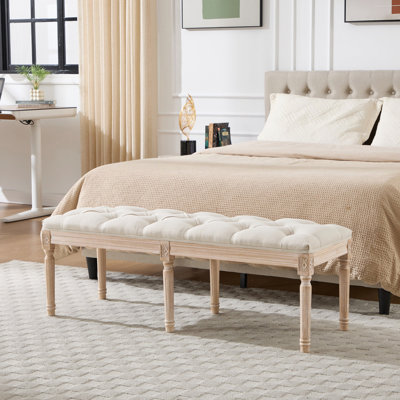 Banc de chambre à coucher, banc d'entrée touffeté de style français rétro, banc de bout de lit tapissier sculpté 47,2 po avec pieds en bois vieilli, repose-pieds en lin pour le salon, le vestibule, la salle à manger