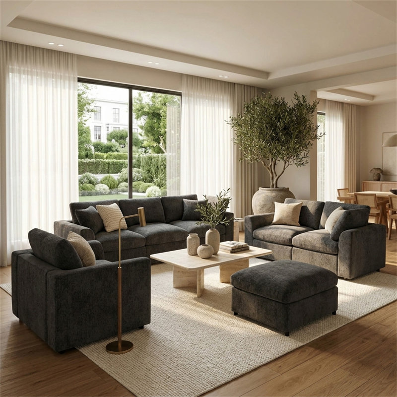 Ensemble de canapés modulaires 4 pièces en U, Chenille gris