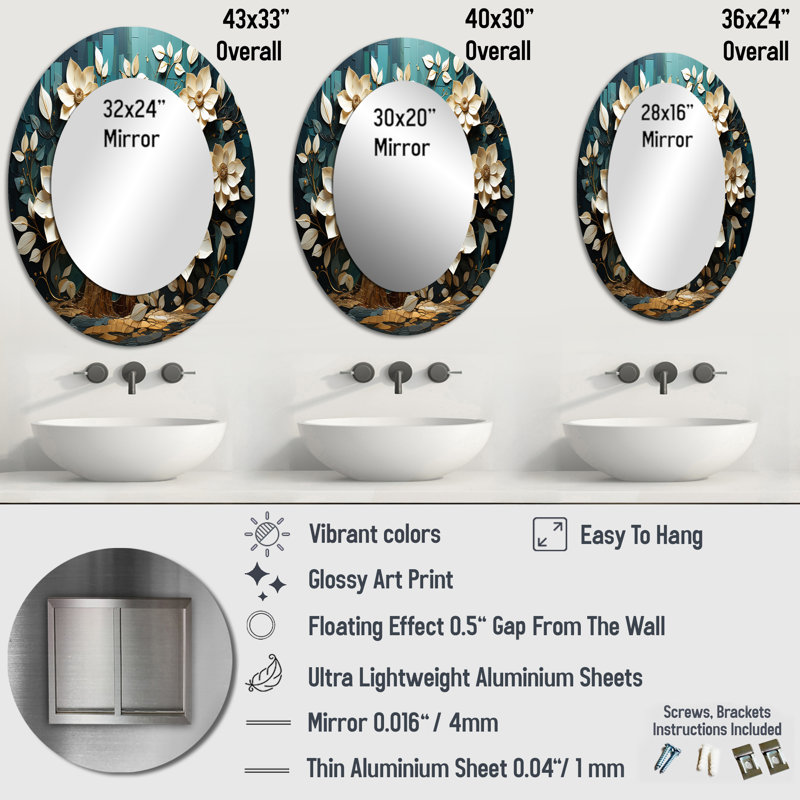 White And Blue Charming Spring Flower Elegance I - Traditional Oval Wall Mirror, 43" x 33"