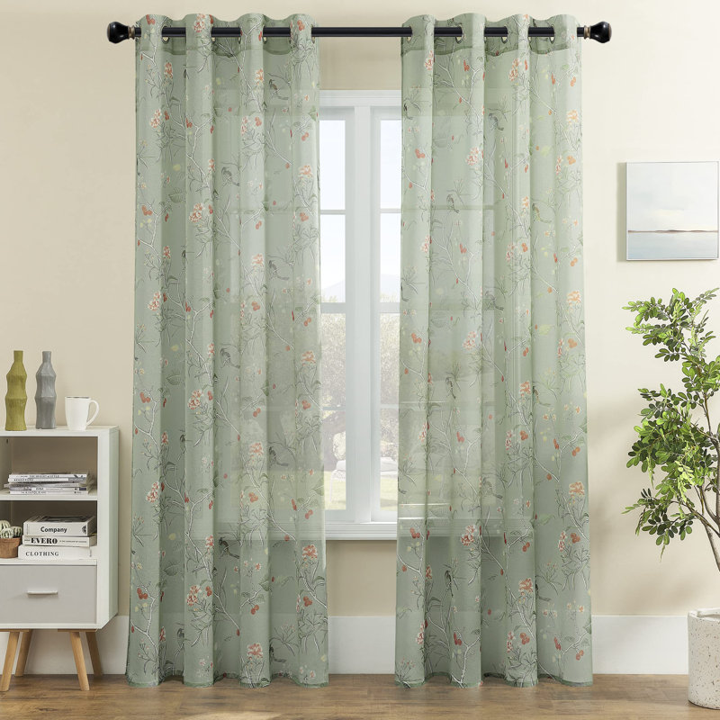 Fayean Sage Green Curtains For Living Room 84 Inches Long 2 Panels Set Leaf Spring Printed Pattern Floral Bird Window Curtain Panels,Light Green