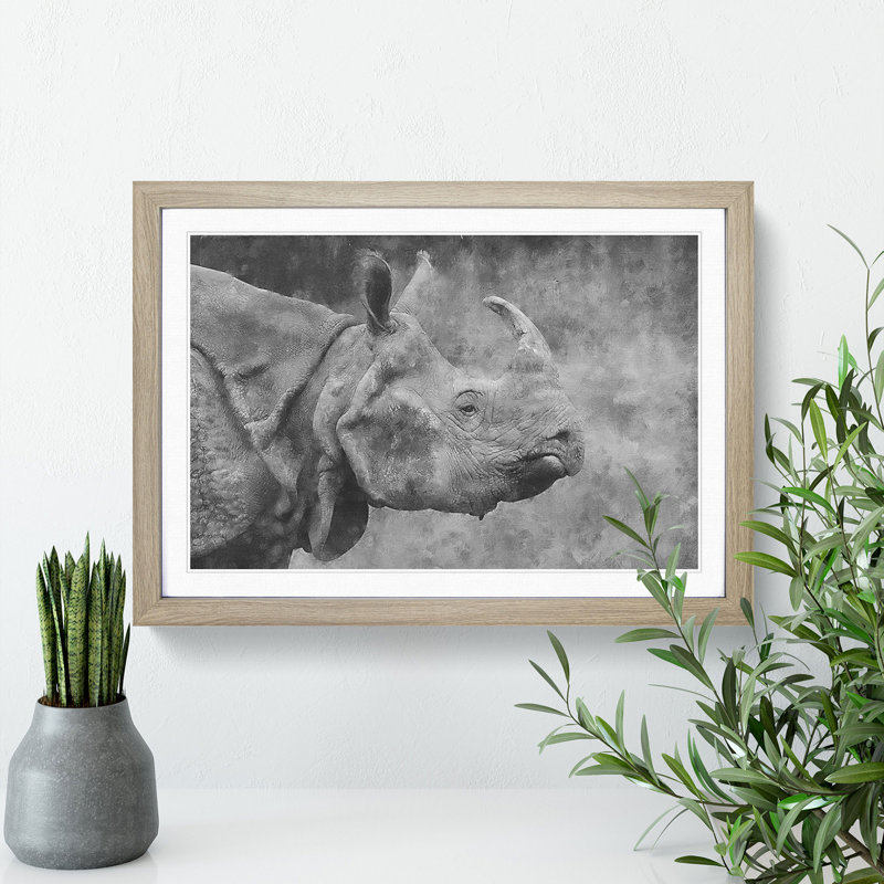 A Rhino - Picture Frame Painting, 36cm H x 48cm W x 2cm D, Oak Framed