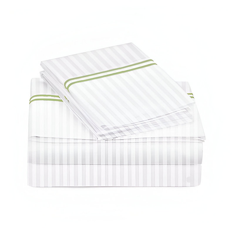 400TC Double Embroidery Sateen Stripe Cotton 4 Piece Sheet Set Fitted Sheet Fits Upto 16" Deep Pocket, Sage/White