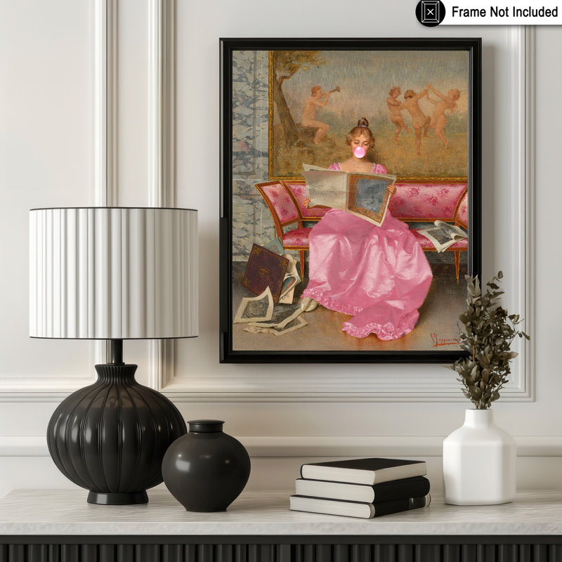 Reading an Art Journal Pink Bubble Gum Poster, 11"H x 14"W, Poster, Unframed