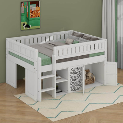 Full Size Loft Bed With Storage Cabinet And Chalkboard Panel