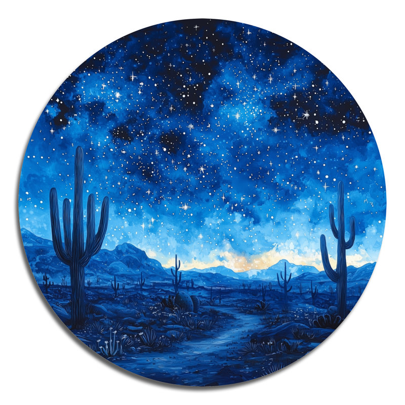 Cactus sous le désert, étoiles bleues I - Cactus imprimé sur un cercle métallique, H 16 po x l 16 po