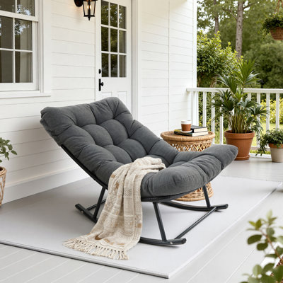 Outdoor Indoor Papasan Rocking Chair - Wicker Egg Lounge Chair with Soft Cushion, Weather-Resistant Design for Patio, Porch, Balcony & Living Room,Gre