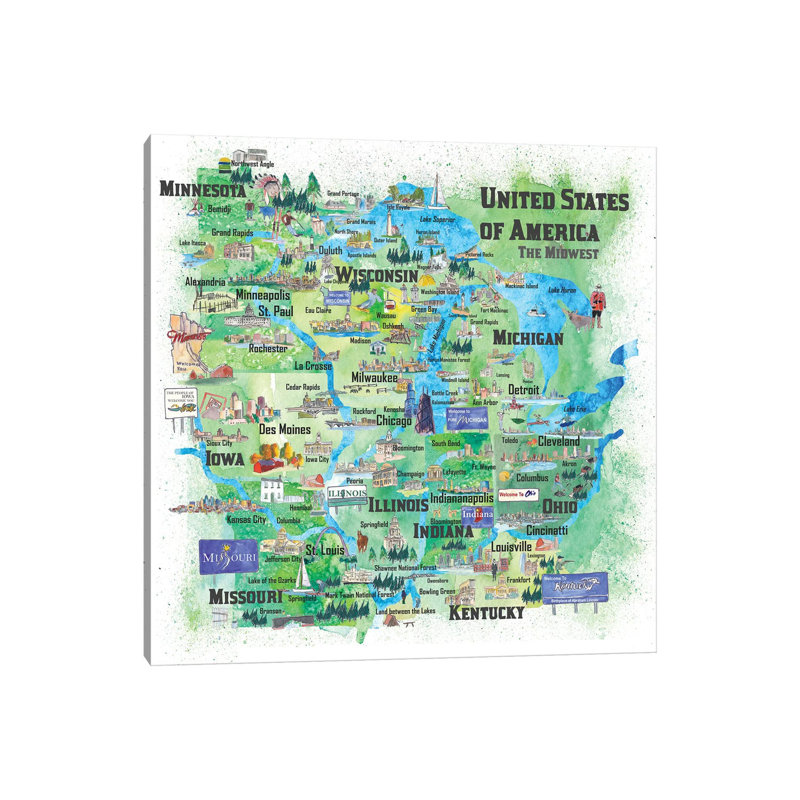 Midwest States Travel Map by Markus & Martina Bleichner - Wrapped Canvas Print, 45.72 cm H x 45.72 cm W x 1.91 cm D